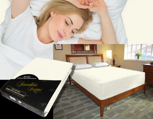 Sleeping lady in bed on stretch sheet in color 22-cream, bed with deep mattress with Jersey knit stretch sheet in color 22-cream