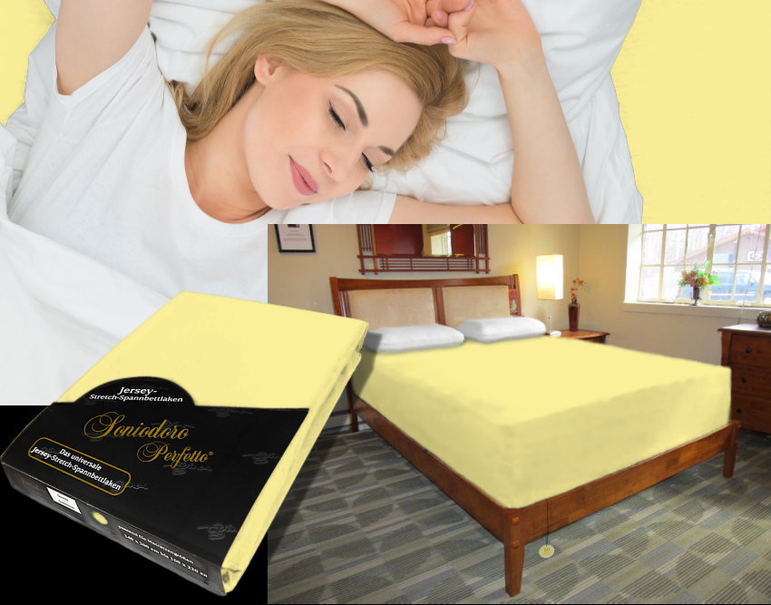 Collage: deep mattress dressed in sun-yellow jersey stretch sheet, sleeping person, retail packaging — color 24-sun