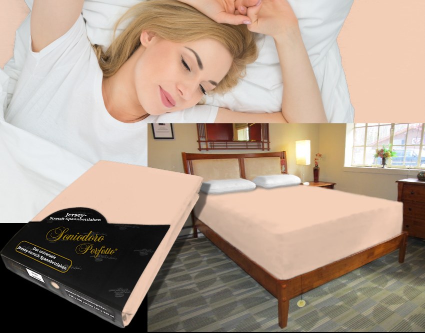 Collage: deep mattress dressed in peach / apricot jersey stretch sheet, sleeping person, retail packaging — color 49-apricot