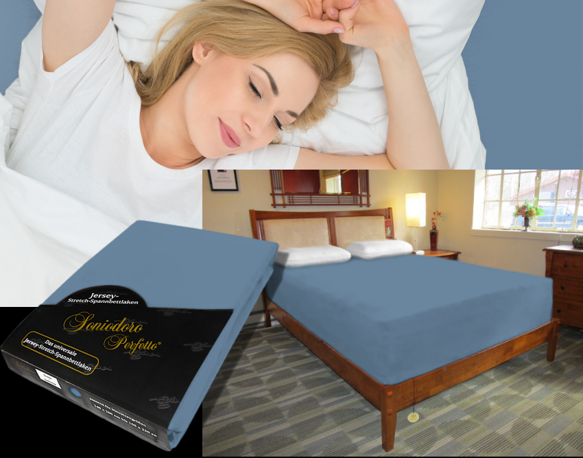 Collage: deep mattress dressed in steel-blue / azure jersey stretch sheet, sleeping person, retail packaging — color 40-azure