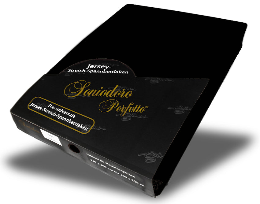 EGINO black jersey knit stretch sheet (43-Black) in retail packaging, on white background