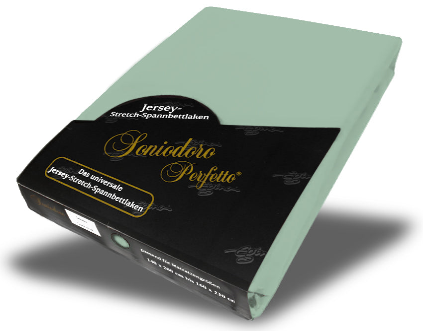 EGINO blue-grass jersey knit stretch sheet (42-Blue-Grass) in retail packaging, on white background