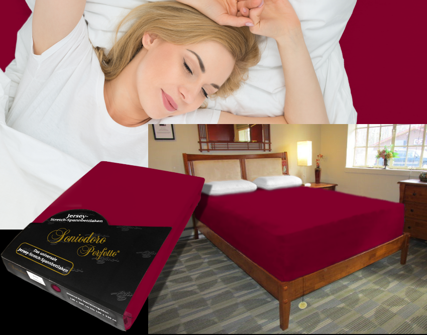 Collage: deep mattress dressed in burgundy / bordeaux jersey stretch sheet, sleeping person, retail packaging — color 56-bordeaux