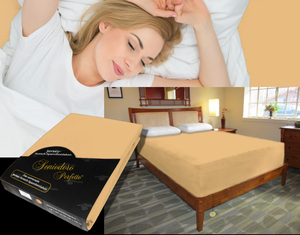 Person sleeping undisturbed on deep adjustable bed with Egino Jersey knit stretch sheet in color 47-caramel