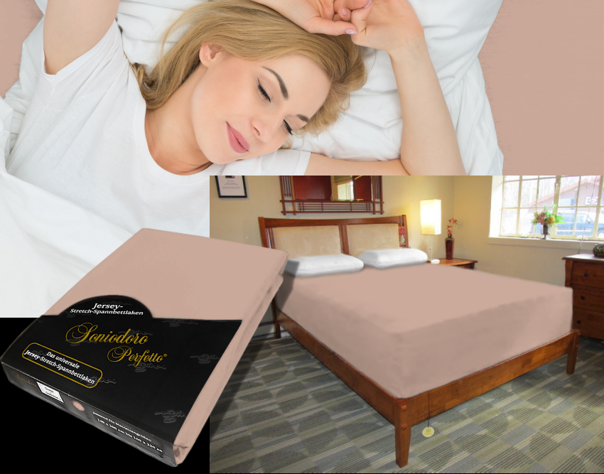 Collage: deep mattress dressed in light-brown jersey stretch sheet, sleeping person, retail packaging — color 25-chocolate milk