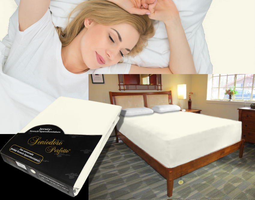 Collage: deep mattress dressed in cream-colored jersey stretch sheet, sleeping person, retail packaging — color 22-cream
