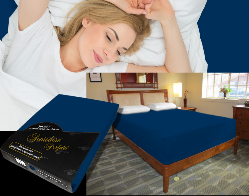 Collage: deep mattress dressed in dark navy-blue jersey stretch sheet, sleeping person, retail packaging — color 44-dark navy