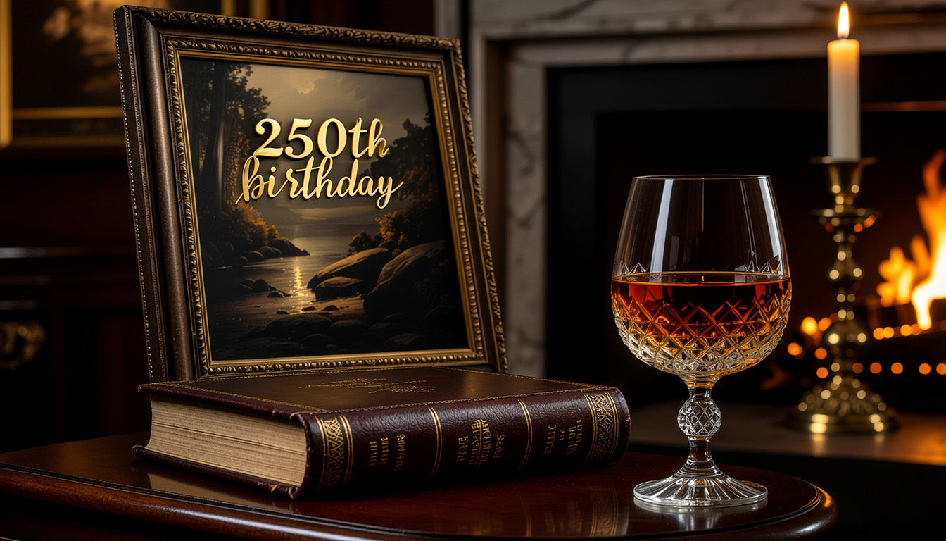 Elegant old-money style lifestyle image featuring a warm fireside vignette with a snifter of aged spirits, a classic leather book, and a framed painting celebrating a historical 250th milestone. Perfect moody background for premium sovereign home decor and European wellness textile collections.