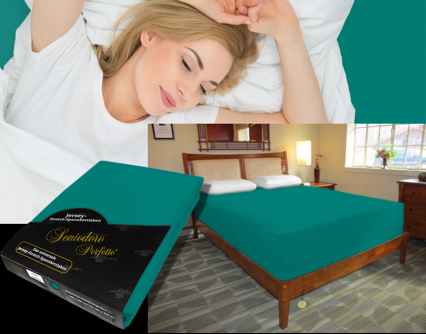 Collage: deep mattress dressed in dark-green / evergreen jersey stretch sheet, sleeping person, retail packaging — color 53-evergreen