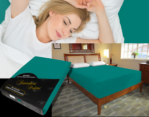 Person sleeping undisturbed on deep adjustable bed with Egino Jersey knit stretch sheet in color 53-evergreen