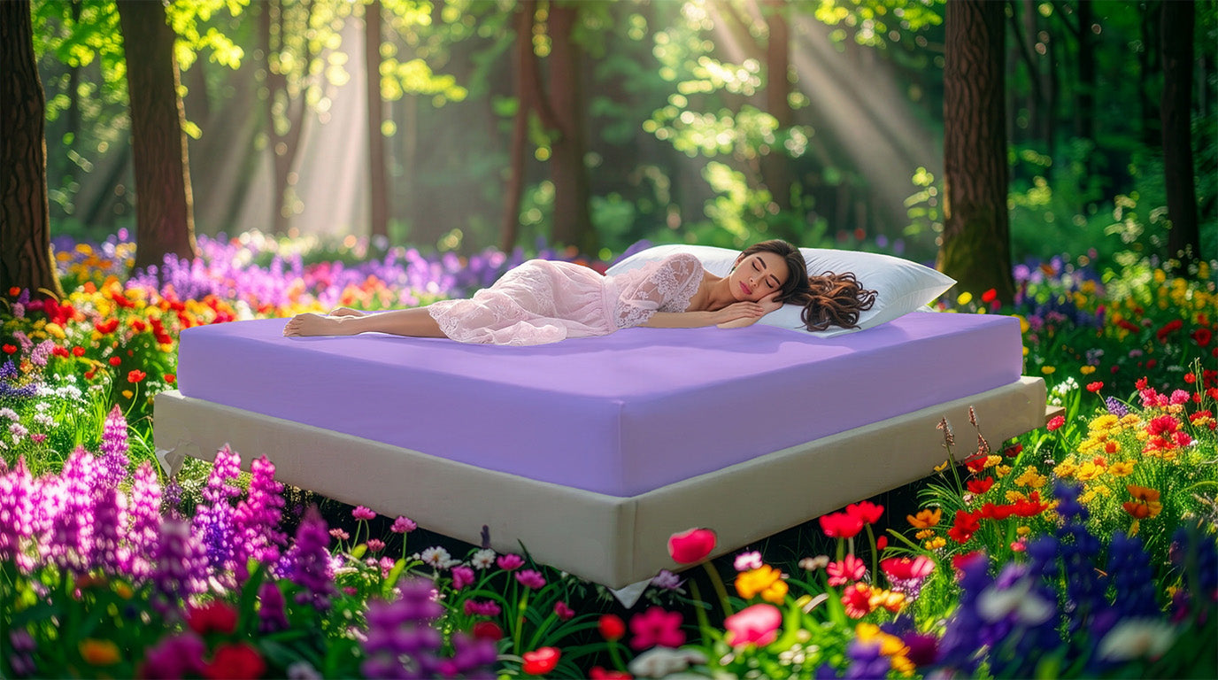 Fitted Jersey Knit stretch sheets in lilac with a woman relaxing on the mattress in a European wellness recreational park area, surrounded by vibrant spring wildflowers around Easter time.