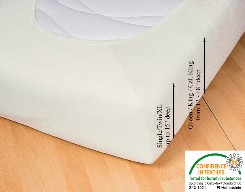 Fitted jersey knit stretch sheet in color 22-cream, underside showing characteristic oval bottom hugging mattress, deep pocket up to 18 in, OEKO-TEX certified – Egino.