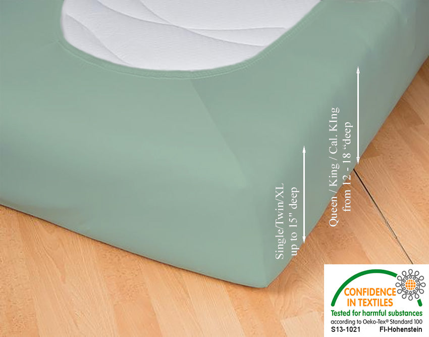 Fitted jersey knit stretch sheet in color 42-bluegrass, underside showing characteristic oval bottom hugging mattress, deep pocket up to 18 in, OEKO-TEX certified – Egino.