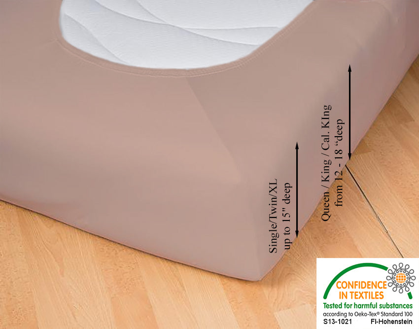 Fitted jersey knit stretch sheet in color 25-chocolate-milk, underside showing characteristic oval bottom hugging mattress, deep pocket up to 18 in, OEKO-TEX certified – Egino.