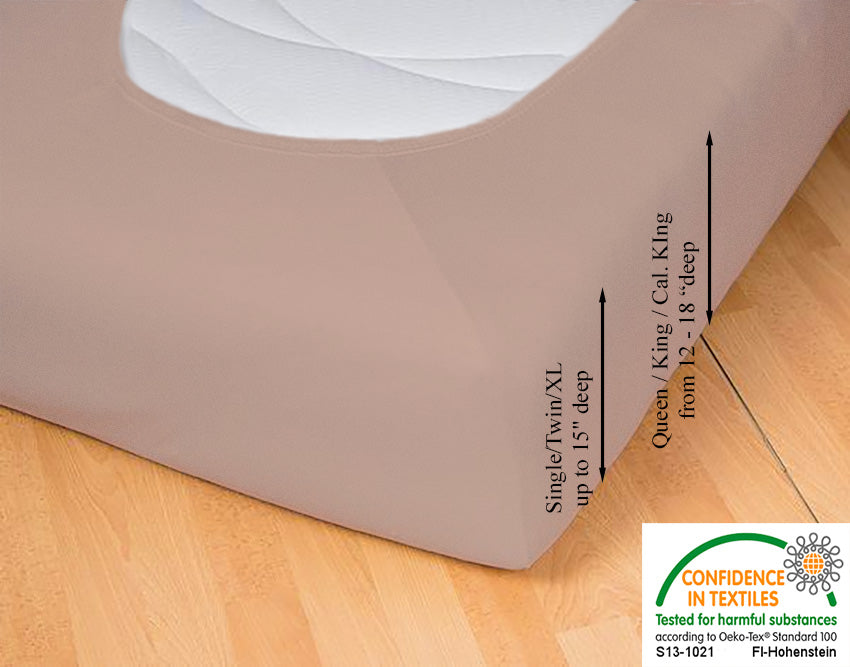 Fitted jersey knit stretch sheet in color 25-chocolate-milk, underside showing characteristic oval bottom hugging mattress, deep pocket up to 18 in, OEKO-TEX certified – Egino.