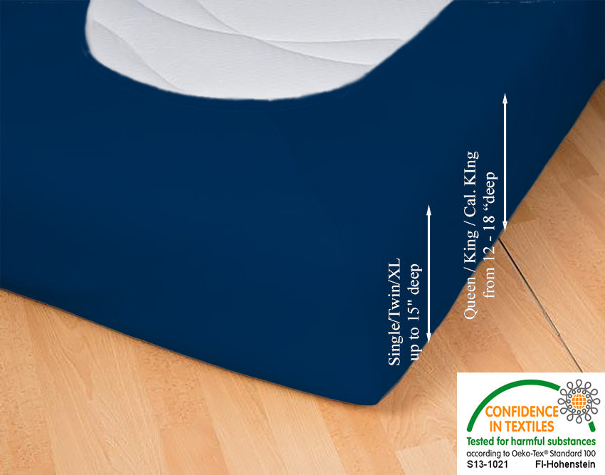 Fitted jersey knit stretch sheet in color 44-dark-navy, underside showing characteristic oval bottom hugging mattress, deep pocket up to 18 in, OEKO-TEX certified – Egino.
