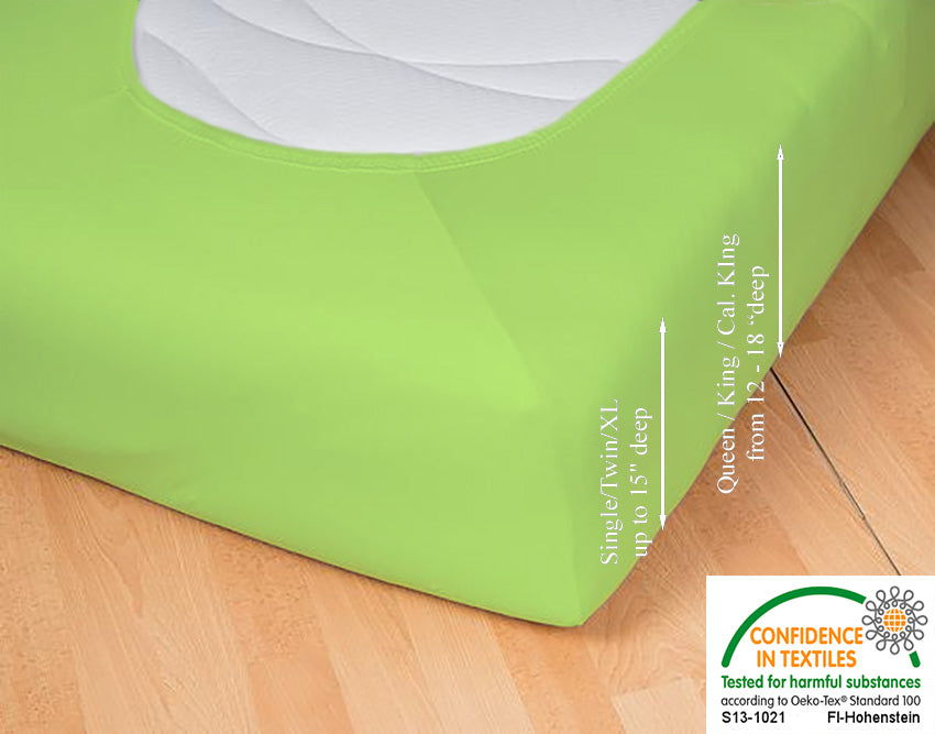 Fitted jersey knit stretch sheet in color 68-green-apple, underside showing characteristic oval bottom hugging mattress, deep pocket up to 18 in, OEKO-TEX certified – Egino.