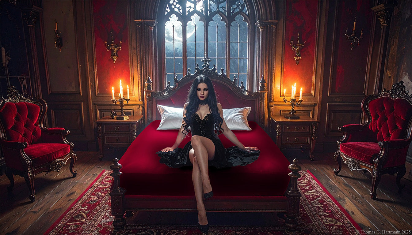 Gothic woman in black corset dress sits on mattress with red jersey knit fitted sheet, moonlit castle bedroom, Halloween sale banner – Egino