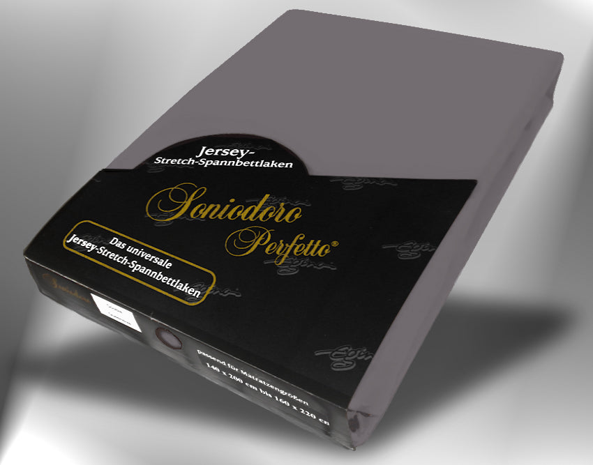 EGINO graphite jersey knit stretch sheet (48-Graphite) in retail packaging, under dim light