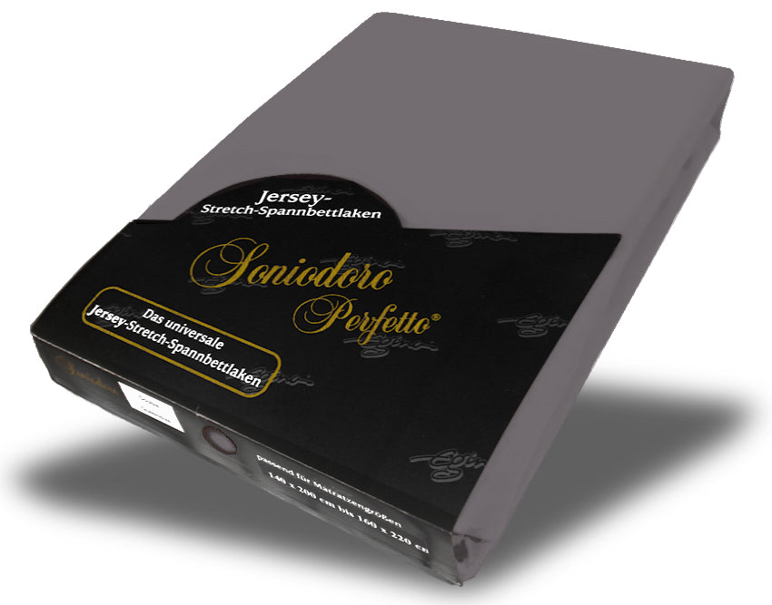 EGINO graphite jersey knit stretch sheet (48-Graphite) in retail packaging, on white background