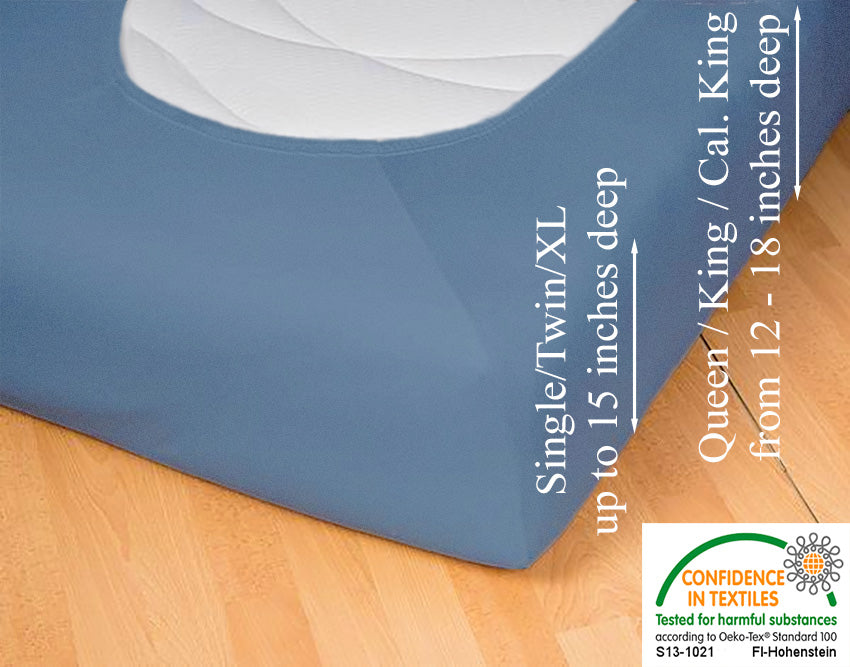 Fitted jersey knit stretch sheet in color 40-azure, underside showing characteristic oval bottom, hugging mattress, deep pocket up to 18 inches deep, OEKO-TEX certified – Egino.