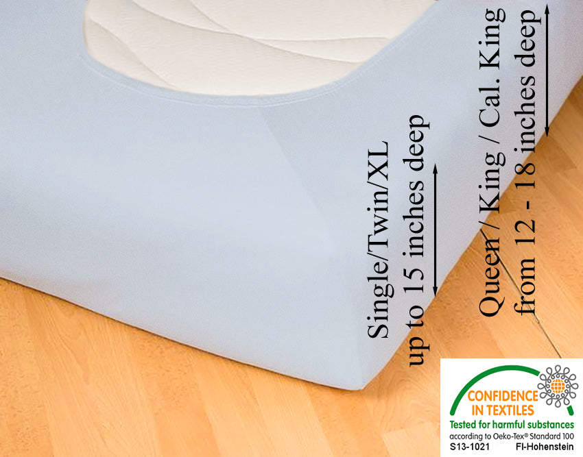 Fitted jersey knit stretch sheet in color 39-bleu, underside showing characteristic oval bottom hugging mattress, deep pocket up to 18 in, OEKO-TEX certified – Egino.