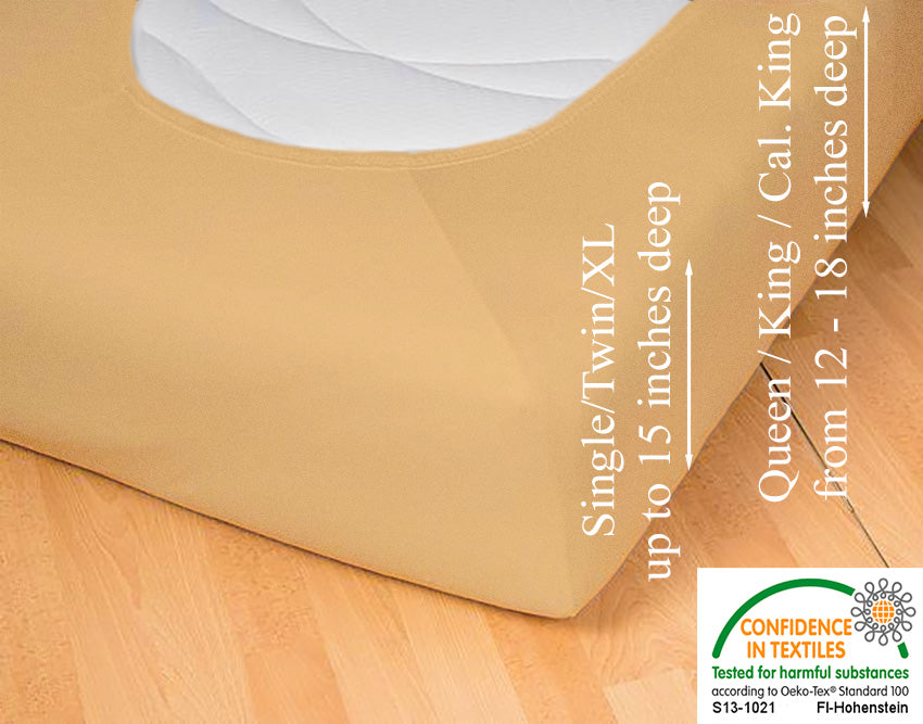 Fitted jersey knit stretch sheet in color 47-caramel, underside showing characteristic oval bottom hugging mattress, deep pocket up to 18 in, OEKO-TEX certified – Egino.