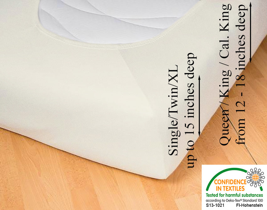 Fitted jersey knit stretch sheet in color 22-cream, underside showing characteristic oval bottom hugging mattress, deep pocket up to 18 in, OEKO-TEX certified – Egino.