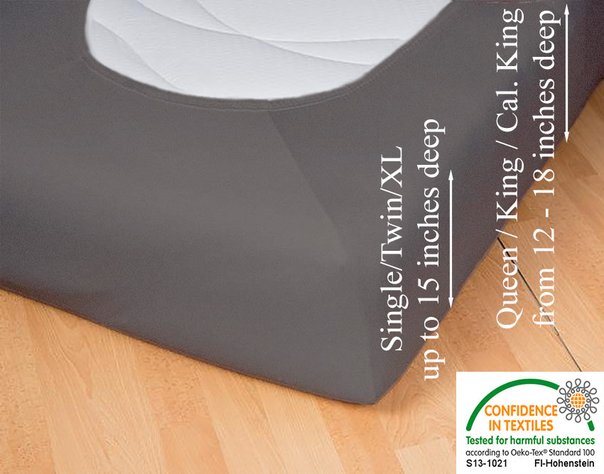 Fitted jersey knit stretch sheet in color 48-graphite, underside showing characteristic oval bottom hugging mattress, deep pocket up to 18 in, OEKO-TEX certified – Egino.