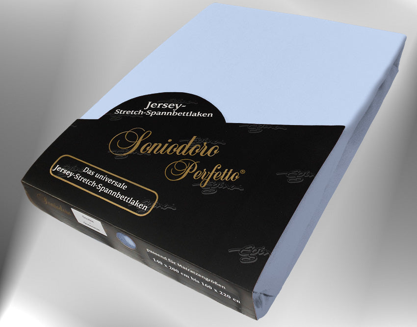 EGINO bleu jersey knit stretch sheet (39-Bleu) in retail packaging, under dim light