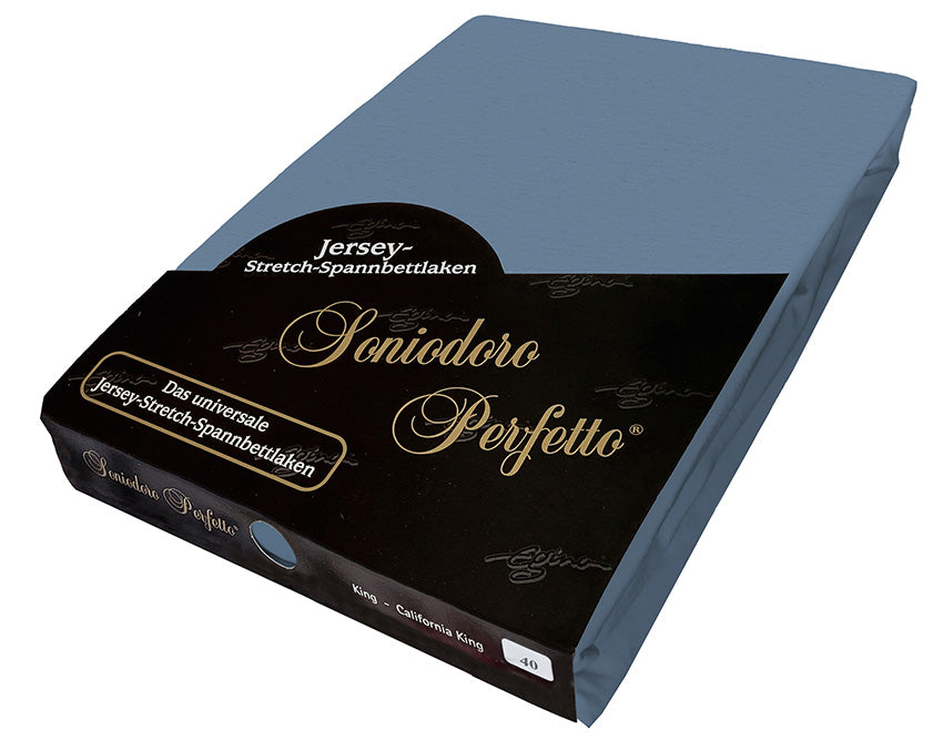 EGINO azure jersey knit stretch sheet (40-Azure) in retail packaging, on white background.