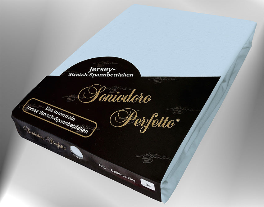 EGINO bleu jersey knit stretch sheet (39-Bleu) in retail packaging, under dim light.