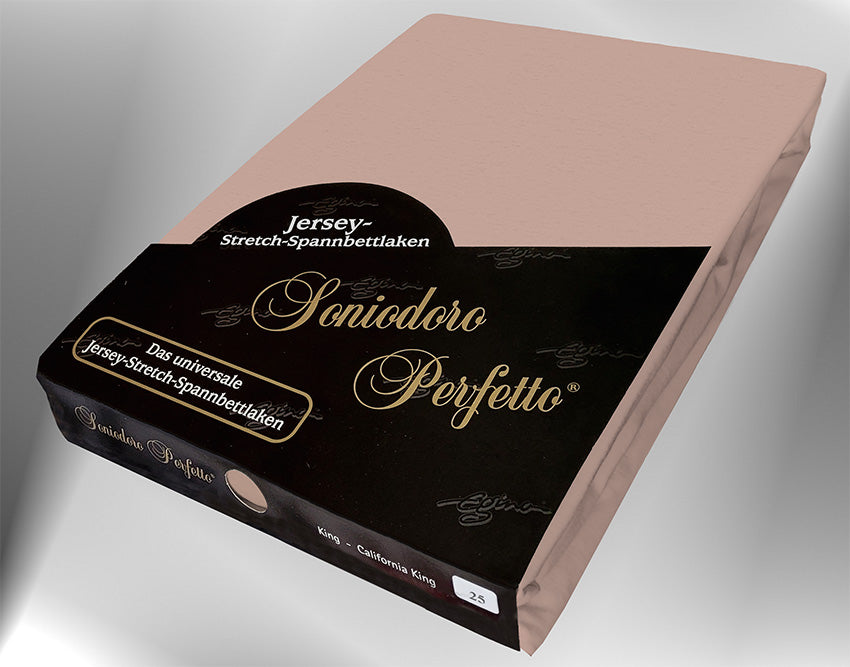 Jersey knit stretch sheet in color chocolate-milk (EGINO, 25-Chocolate-milk ), retail packaging under dim light.