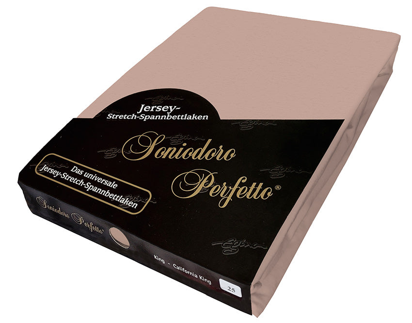 Jersey knit stretch sheet in color chocolate-milk (EGINO, 25-Chocolate-milk ), retail packaging on white background.