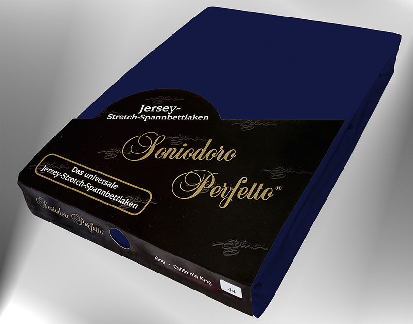 EGINO dark-navy jersey knit stretch sheet (44-Dark-Navy) in retail packaging, under dim light.