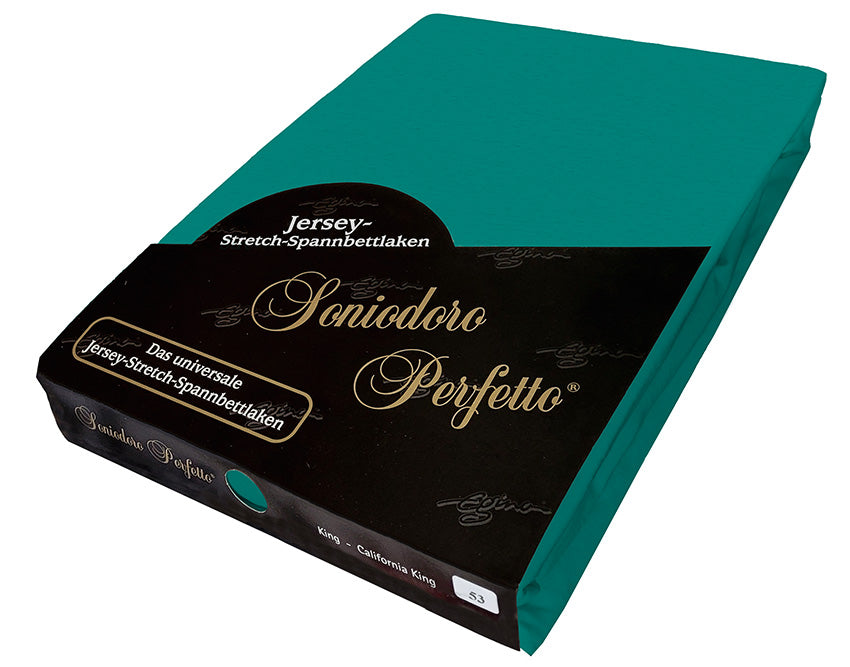 EGINO evergreen jersey knit stretch sheet (53-Evergreen) in retail packaging, on white background