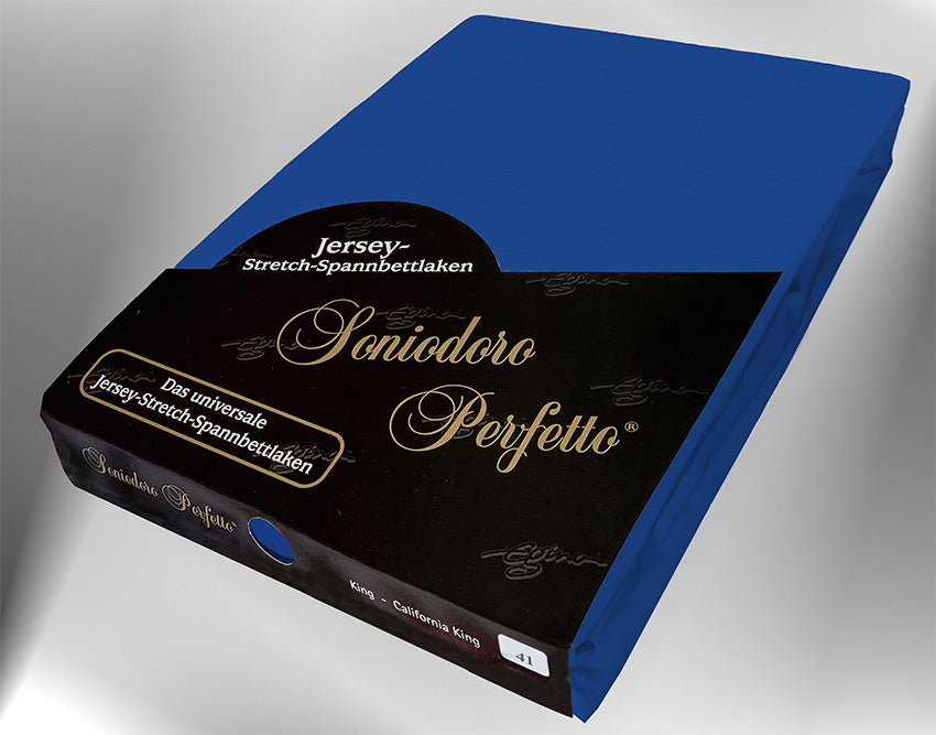 EGINO ocean-blue jersey knit stretch sheet (41-Ocean-Blue) in retail packaging, under dim light.