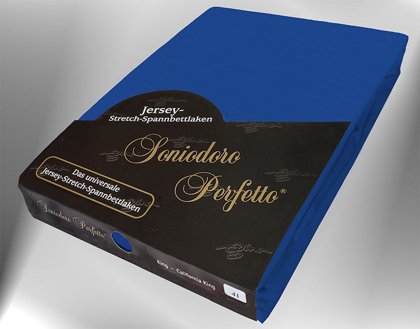 EGINO ocean-blue jersey knit stretch sheet (41-Ocean-Blue) in retail packaging, under dim light.