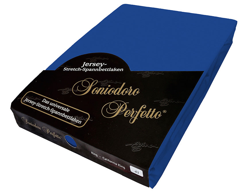 EGINO ocean-blue jersey knit stretch sheet (41-Ocean-Blue) in retail packaging, on white background.