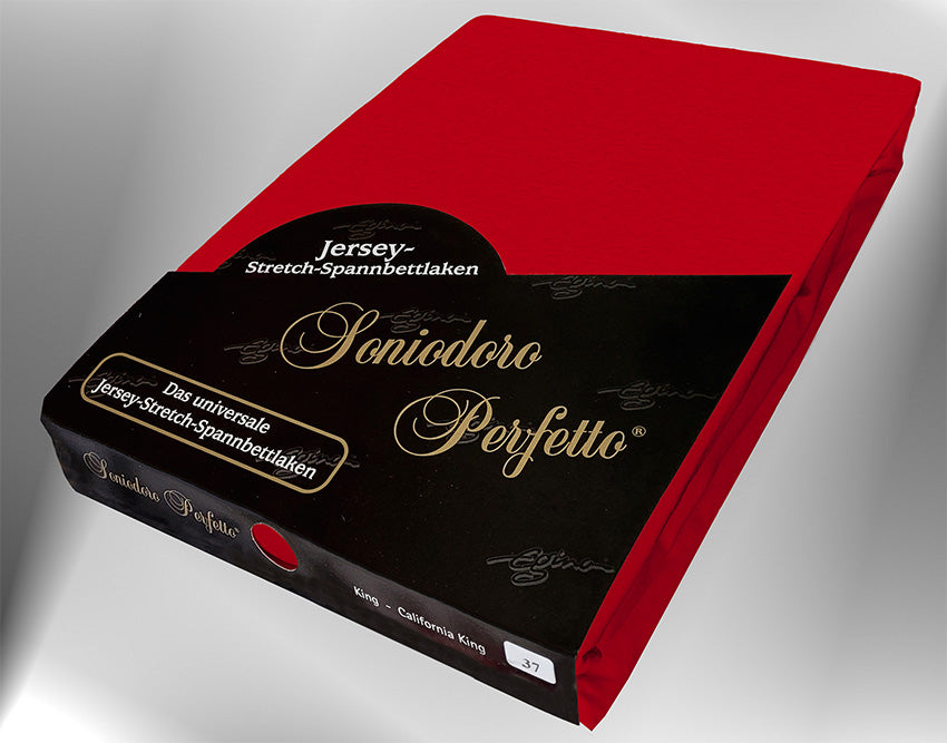 EGINO red jersey knit stretch sheet (37-Red) in retail packaging, under dim light.