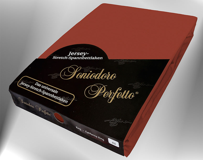 EGINO redwood jersey knit stretch sheet (55-Redwood) in retail packaging, under dim light.