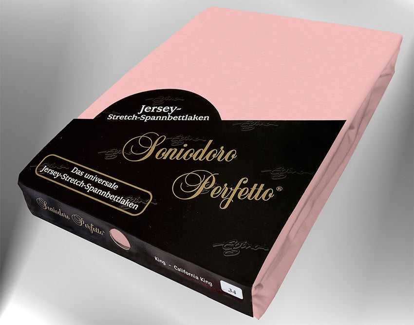 EGINO rosé jersey knit stretch sheet (34-rosé) in retail packaging, under dim light.