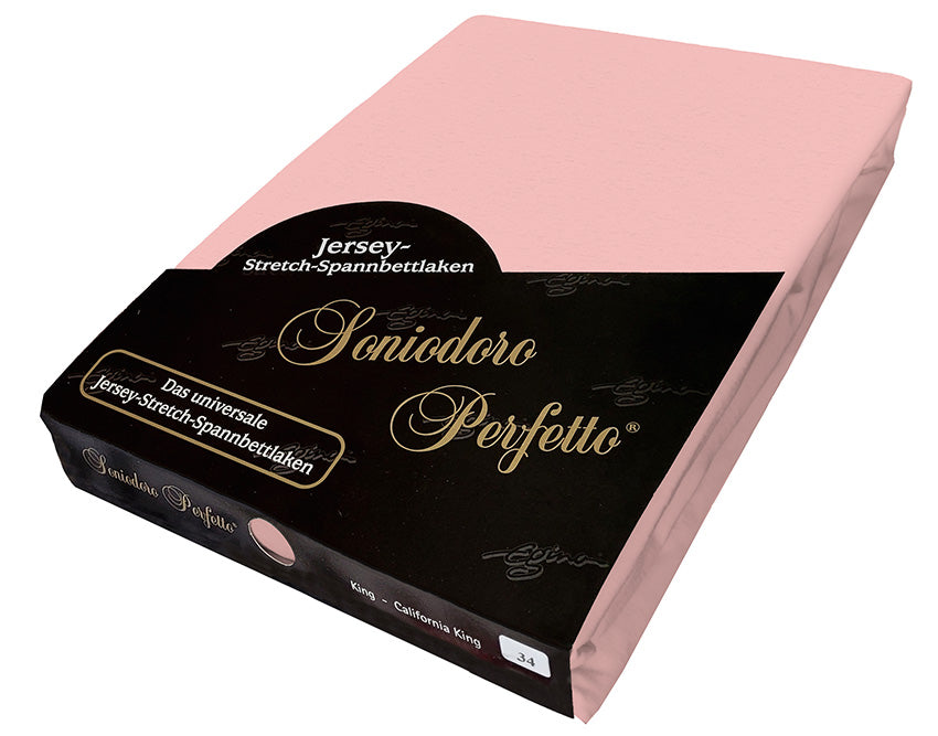 EGINO rosé jersey knit stretch sheet (34-Rosé) in retail packaging, on white background.