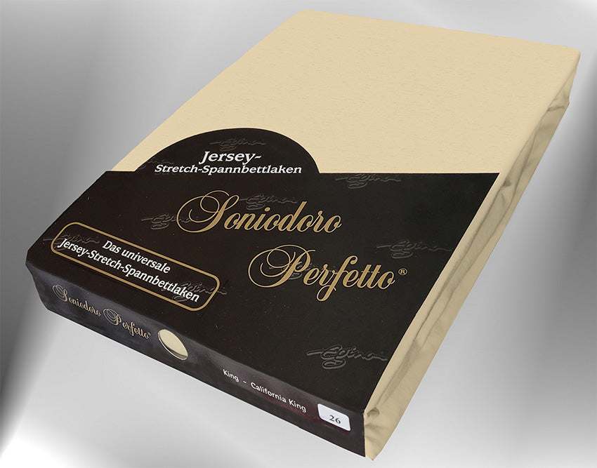 Jersey knit stretch sheet in color sand (EGINO, 26-Sand), retail packaging under dim light.