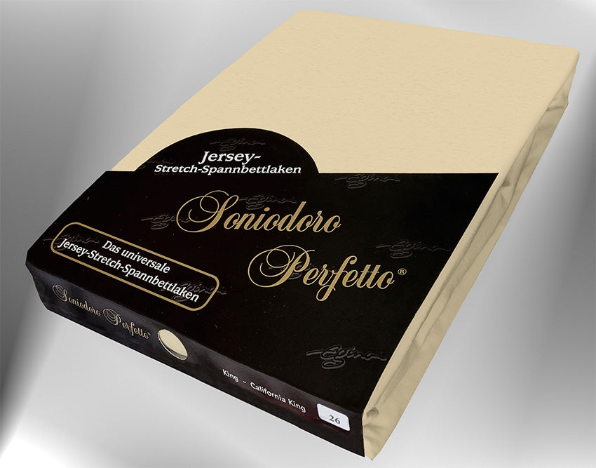 Jersey knit stretch sheet in color sand (EGINO, 26-Sand), retail packaging under dim light.