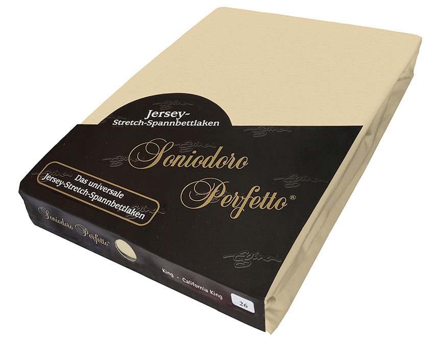 Jersey knit stretch sheet in color sand (EGINO, 26-Sand), retail packaging on white background.