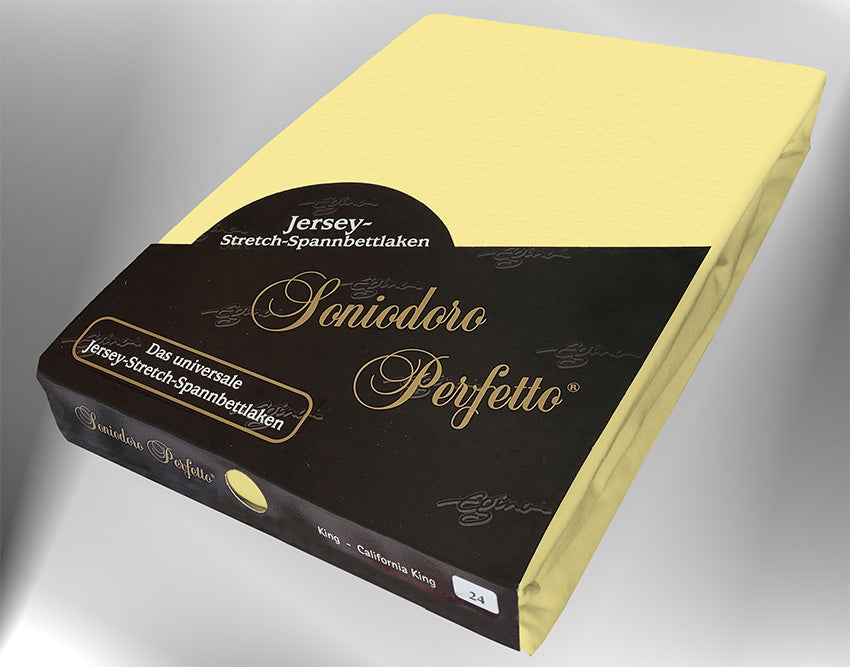 Jersey knit stretch sheet in sun yellow (EGINO, 24-Sun), retail packaging under dim light.