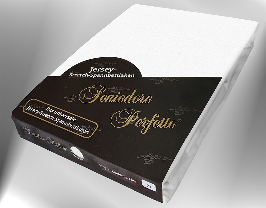 EGINO white jersey knit stretch sheet (21-White) in retail packaging, under dim light.