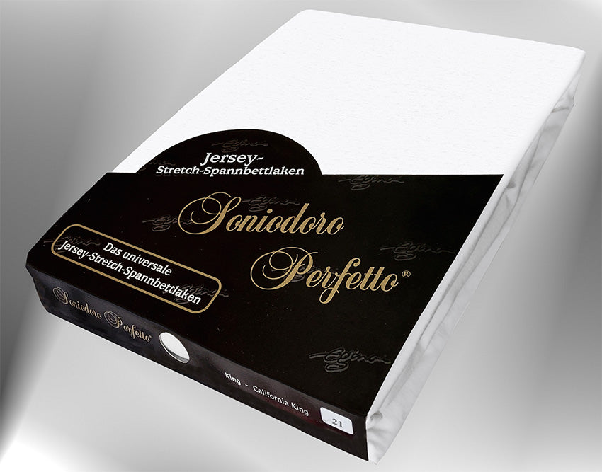 Jersey knit stretch sheet in white yellow (EGINO, 21-white), retail packaging under dim light.