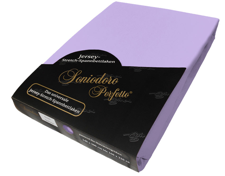 EGINO lilac jersey knit stretch sheet (46-Lilac) in retail packaging, on white background